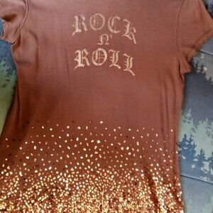Cool Shimmery Maurice’s Copper Gold Sequins Rock-n-Roll Brown Short Sleeve Top
